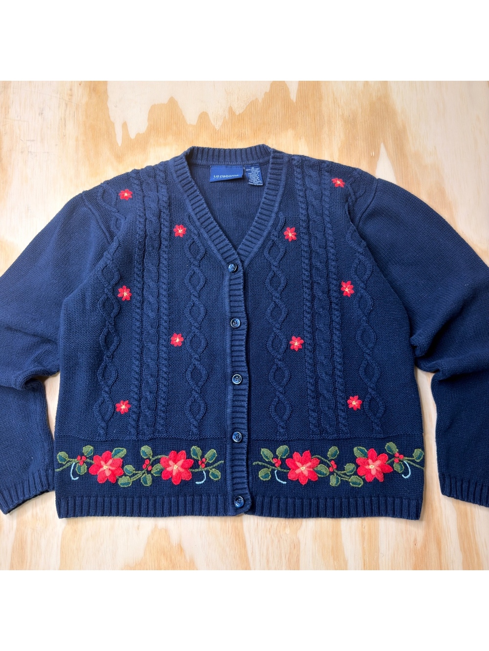 Navy Blue Cable Knit Cotton Cardigan with Embroidered Flowers Size M